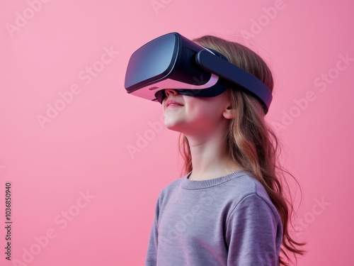 Young girl wearing a VR headset, immersed in virtual reality experience, with a pink background, exploring technology for children