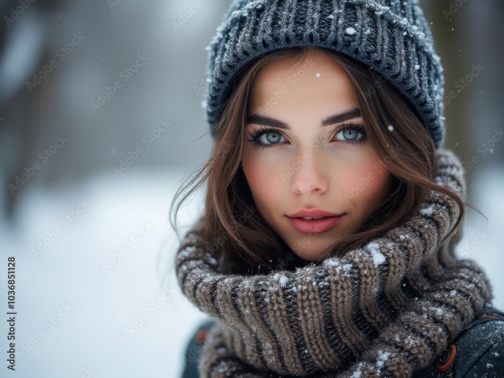 Portrait of a young woman in warm winter clothing, wearing a knitted scarf and hat, surrounded by snowflakes in a snowy outdoor setting Portrait of a young woman in warm winter clothing, wearing a knitted scarf and hat, surrounded by snowflakes in a snowy outdoor setting
