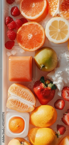 Fresh citrus fruits, strawberries, and other fruits arranged on a white surface. photo