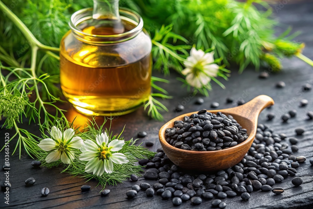 Black cumin plant offers beneficial flowers, leaves, and stalk, alongside oil capsules, providing natural remedies and health benefits for holistic healing and herbal medicine. Black cumin plant offers beneficial flowers, leaves, and stalk, alongside oil capsules, providing natural remedies and health benefits for holistic healing and herbal medicine.