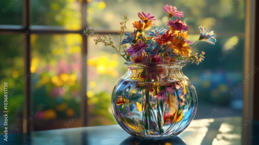 A beautiful translucent vase filled with vibrant flowers captured in soft morning light A beautiful translucent vase filled with vibrant flowers captured in soft morning light