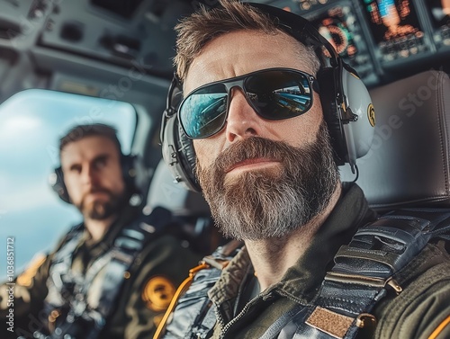 A focused pilot with sunglasses and a beard sits in the cockpit, showcasing confidence and professionalism in aviation. photo