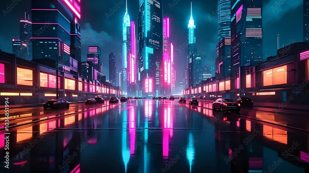 Futuristic Neon Cityscape with Reflections at Night
Futuristic Neon Cityscape with Reflections at Night