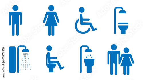 Common restroom icon, symbols, including male, female, wheelchair accessible, toilet, shower, and baby changing station. The icons should be simple, clean, and consistent in style .vector illustration