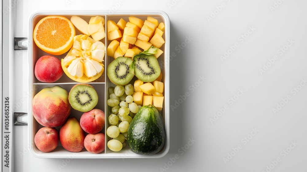 A white container filled with fresh, colorful fruit, including peaches, kiwi, grapes, mango, and orange slices, on a white background. A white container filled with fresh, colorful fruit, including peaches, kiwi, grapes, mango, and orange slices, on a white background.