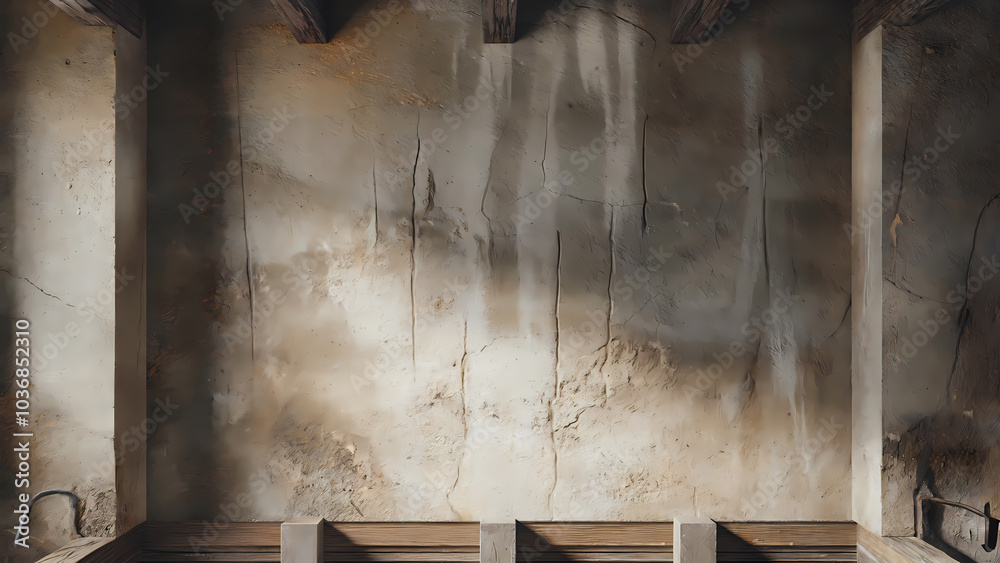 Abandoned room with textured walls and wooden benches, showcasing peeling paint and natural light patterns. Abandoned room with textured walls and wooden benches, showcasing peeling paint and natural light patterns.