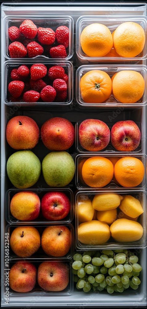 Assortment of fresh fruits in a refrigerator drawer. Assortment of fresh fruits in a refrigerator drawer.