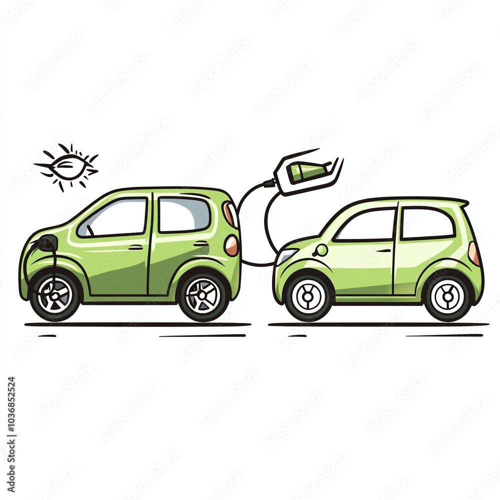 Fototapeta premium Two eco-friendly green cars illustrating electric charging, set against a simple white background. A symbol of sustainable transportation and clean energy innovation.