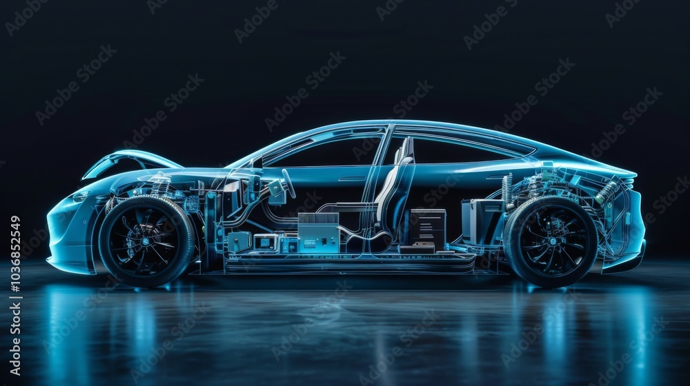 Electric car lithium battery pack is illustrated with power connections, showcasing the core of modern automotive technology in a vibrant blue tone Electric car lithium battery pack is illustrated with power connections, showcasing the core of modern automotive technology in a vibrant blue tone