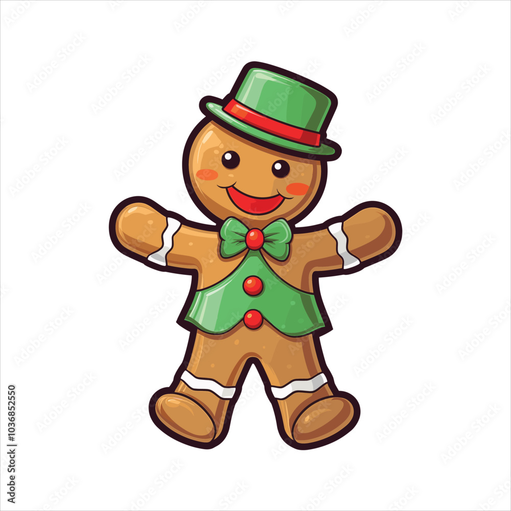 Cheerful Gingerbread Man with Hat and Bow Tie in Festive Attire