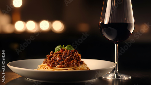 A cozy pairing of rich, savory spaghetti Bolognese, topped with fresh basil, alongside a glass of red wine for the perfect dining experience photo