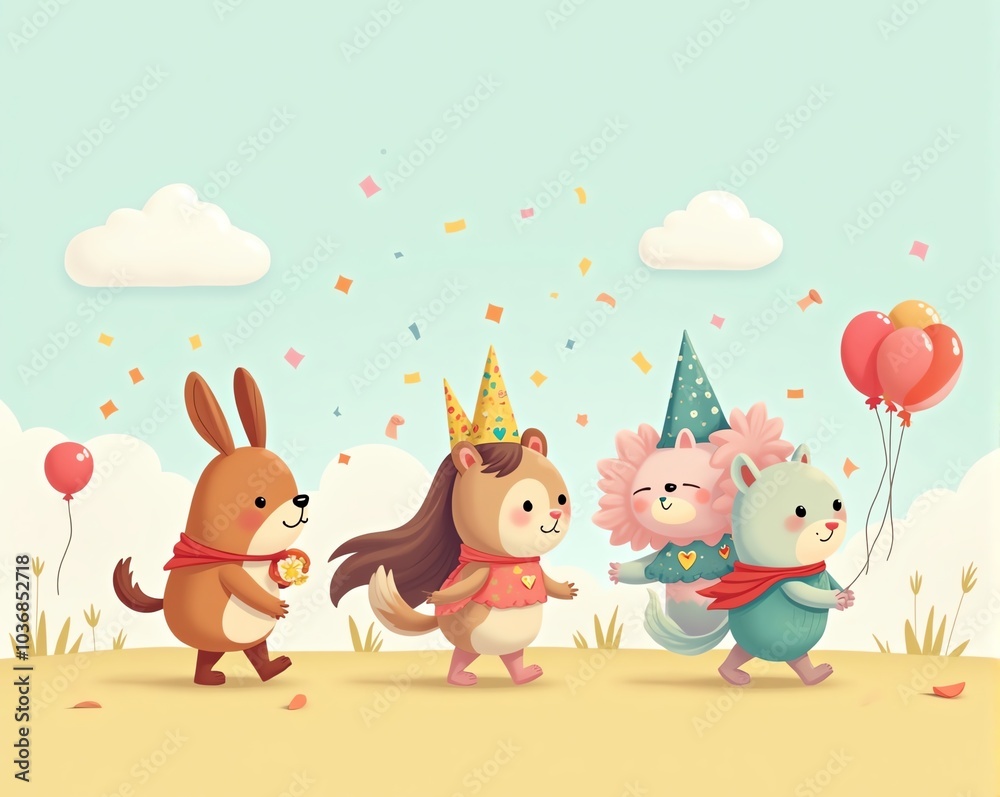 A cheerful group of cartoon animals celebrating with party hats and balloons, walking joyfully in a sunny setting, with confetti floating in the air. A cheerful group of cartoon animals celebrating with party hats and balloons, walking joyfully in a sunny setting, with confetti floating in the air.