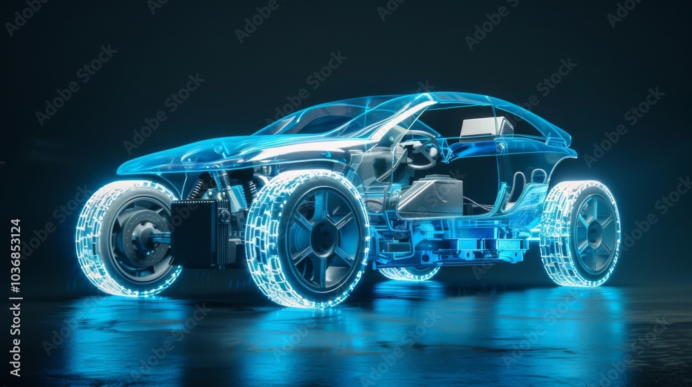 Electric car lithium battery pack is illustrated with power connections, showcasing the core of modern automotive technology in a vibrant blue tone Electric car lithium battery pack is illustrated with power connections, showcasing the core of modern automotive technology in a vibrant blue tone