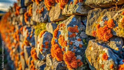 An ancient stone wall adorned with vibrant orange lichen, a testament to nature's enduring beauty and the passage of time. photo