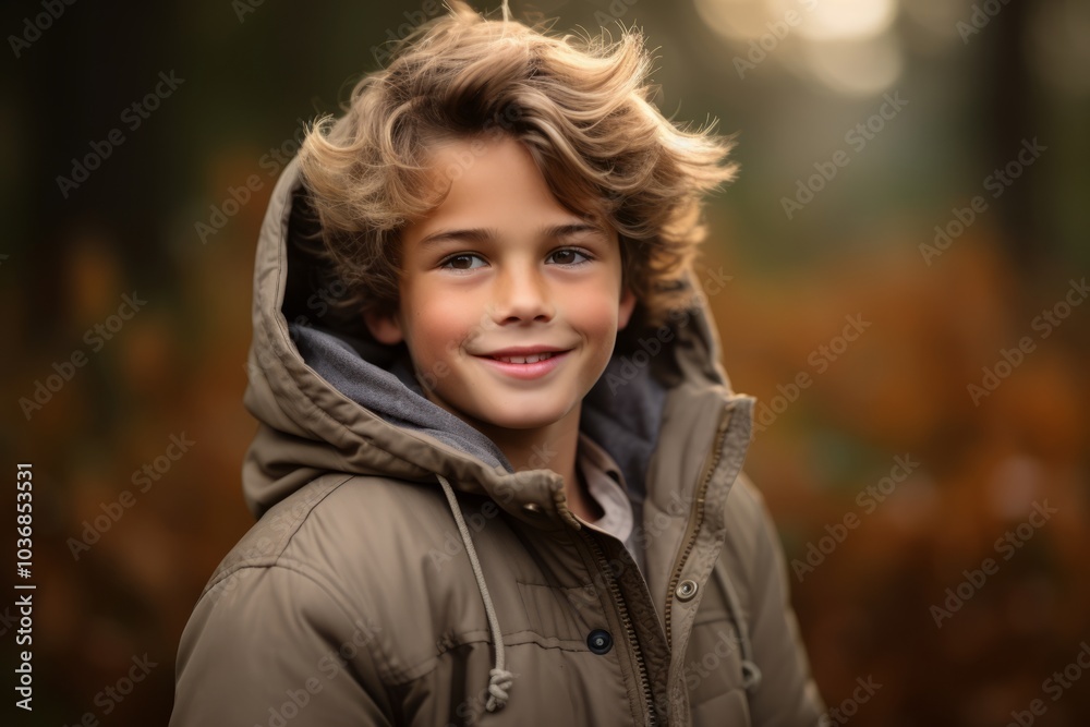 smiling little boy in winter jacket over blurred autumnal forest background smiling little boy in winter jacket over blurred autumnal forest background