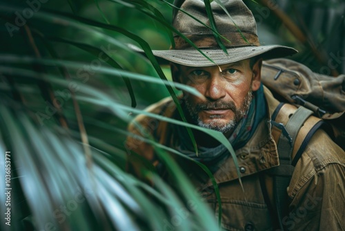 Fototapeta Naklejka Na Ścianę i Meble -  A man exploring the jungle wearing a hat and carrying a backpack, possibly on an adventure