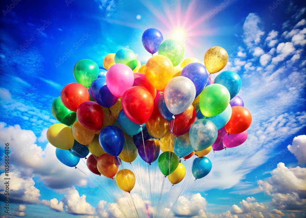 Colorful Balloons Floating in a Bright Blue Sky - Double Exposure Photography with Vibrant Hues and Dreamy Atmosphere for Celebrations and Festivities Colorful Balloons Floating in a Bright Blue Sky - Double Exposure Photography with Vibrant Hues and Dreamy Atmosphere for Celebrations and Festivities