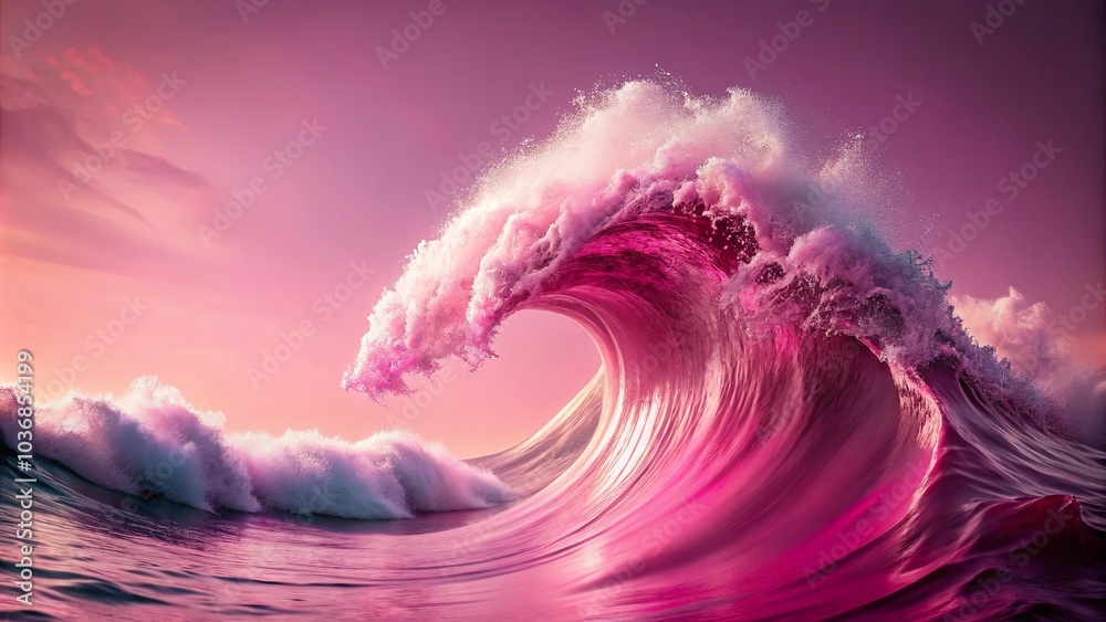 Naklejka premium A Serene Symphony of Pink Hues As A Majestic Wave Breaks Underneath A Soft, Pastel Sky