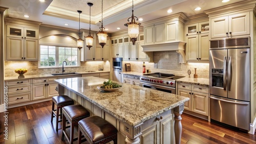 Elegant kitchen featuring sleek steel appliances, rich granite countertops, and custom cabinetry with ornate hardware, set amidst a backdrop of warm, sophisticated neutral tones. photo