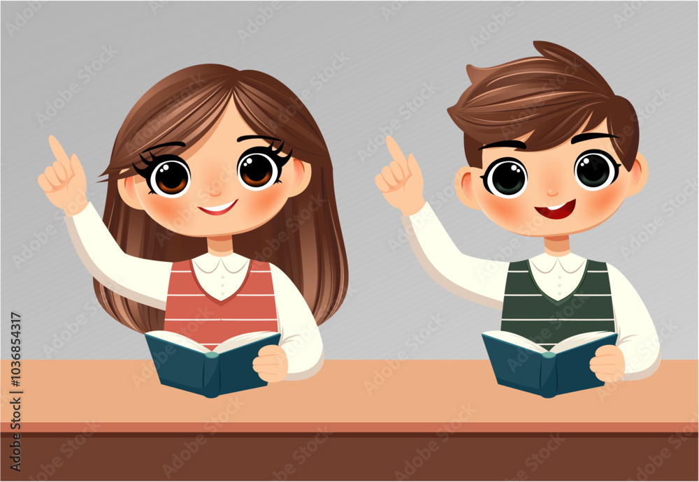 Happy beautiful School Kids Raising Hands in Class, Illustration of Active Learning Happy beautiful School Kids Raising Hands in Class, Illustration of Active Learning
