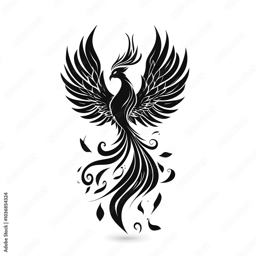 Abstract Black Tattoo of a Phoenix Rising from the Ashes Symbolizing Rebirth and Transformation Abstract Black Tattoo of a Phoenix Rising from the Ashes Symbolizing Rebirth and Transformation