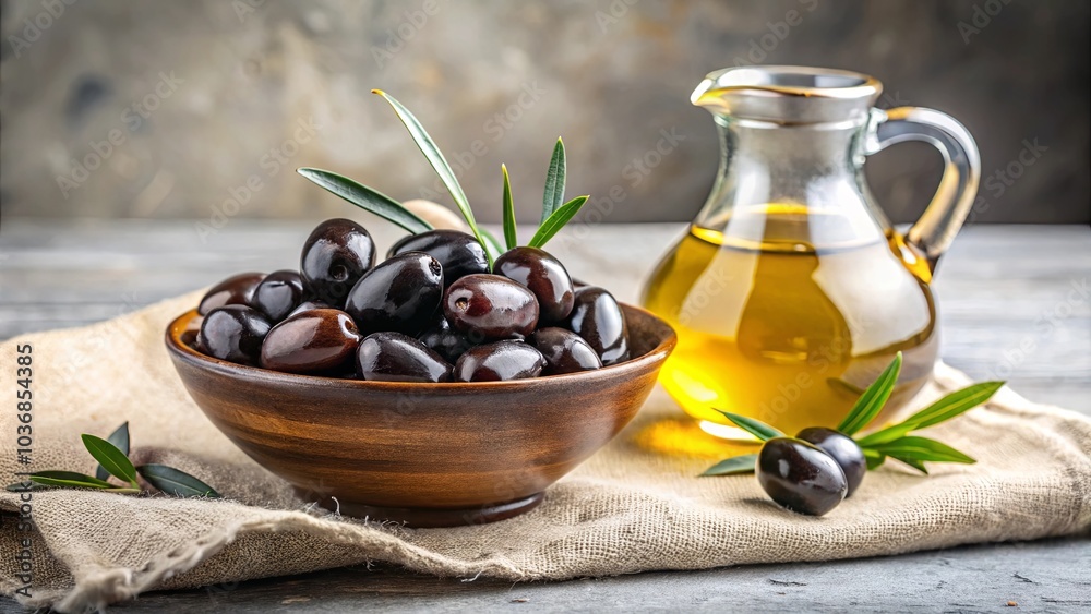 A bowl of glossy black olives with olive oil in a pitcher on a rustic table with a burlap cloth and green olive branches.