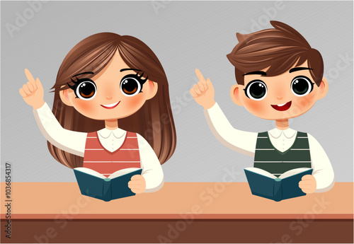 Happy beautiful School Kids Raising Hands in Class, Illustration of Active Learning