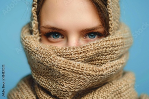 A woman wearing a scarf and knitted hood, outdoor portrait