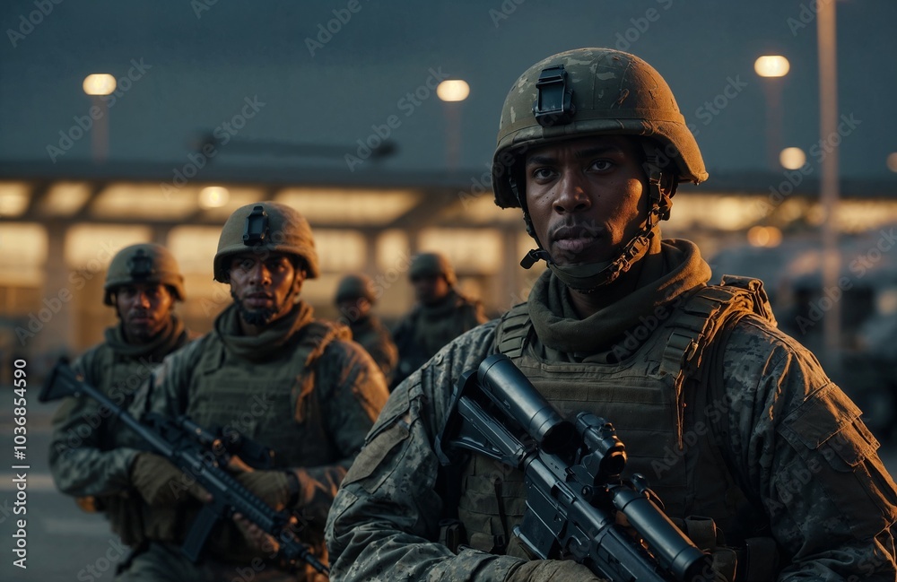 Special forces men in camouflage uniforms in night lighting