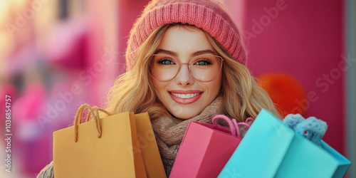 a buetifull female  looking very happy on Valentines day, happy holiday,with shopping bags , lifestyle, pastel colour, balloon , high resolution, photography. photo