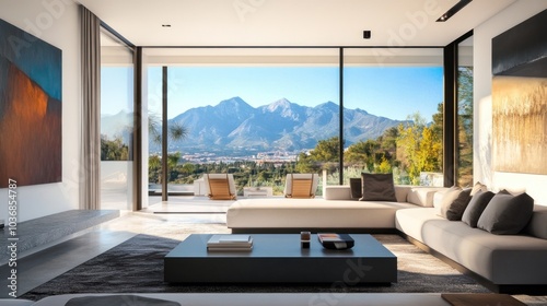 Modern living room with mountain view, featuring minimalist design and natural light.