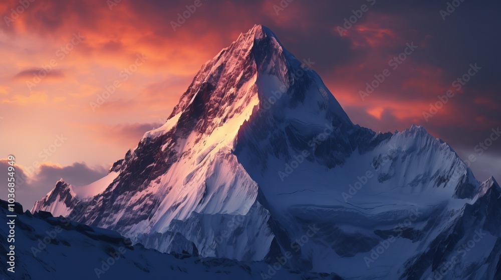 A snow-capped mountain peak glows under a fiery sunset sky. A snow-capped mountain peak glows under a fiery sunset sky.