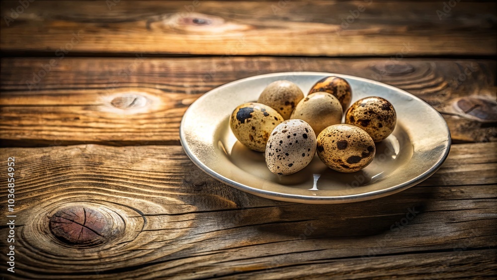 A Rustic Arrangement of Speckled Eggs on a Simple Plate with a Rustic Wooden Background