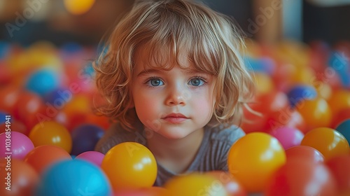 A child joyfully immersed in a vibrant ball pit, experiencing a playful and stimulating environment, ideal for representing childhood fun, amusement parks, and recreational activities.