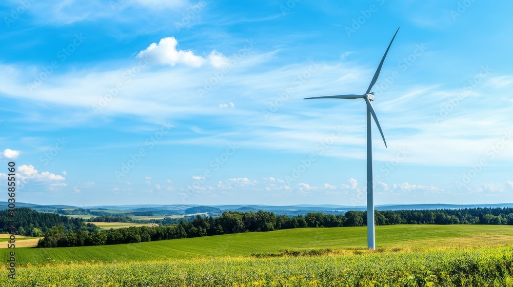 A high-tech wind turbine, clear and open landscape with blue skies, Eco-friendly style A high-tech wind turbine, clear and open landscape with blue skies, Eco-friendly style