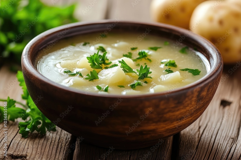 A bowl of hot soup sits atop a wooden table, ready for serving A bowl of hot soup sits atop a wooden table, ready for serving
