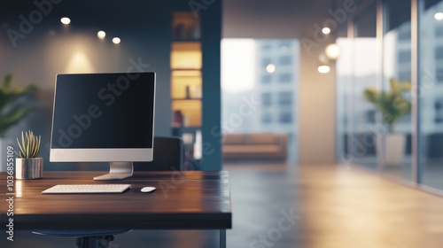 A modern office workspace featuring a computer and plants, designed for productivity.