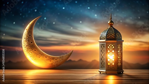 Islamic background with lantern and crescent for eid greetings, ramadan, isra miraj photo