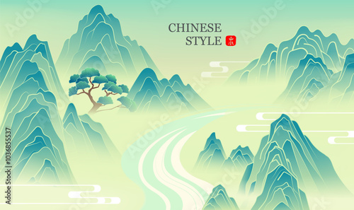 Hand painted Chinese landscape paintings of mountains and rivers