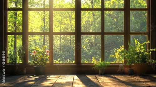 Sunlight streams through a window, illuminating indoor plants and a serene natural view.