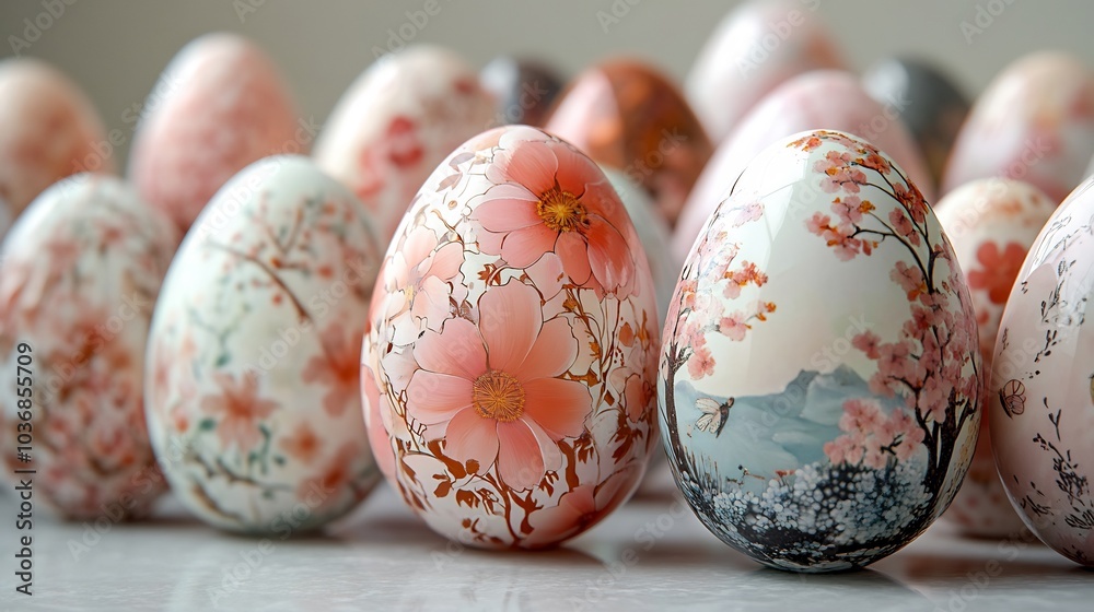 Elegant closeup of pastelcolored Easter eggs each covered stunning floral patterns created through generative AI eggs sit in a minimalist setting with a soft white background that enhances the details