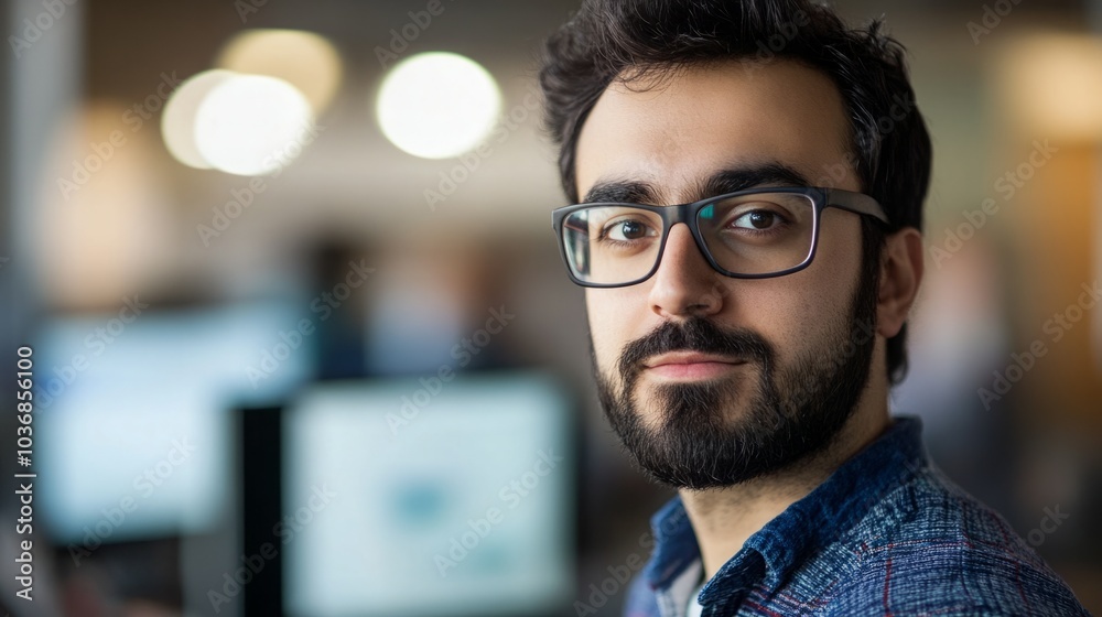 Fototapeta premium Close-up of a male Middle-Eastern software developer in an office setting.