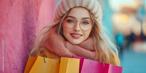 a buetifull female  looking very happy on Valentines day, happy holiday,with shopping bags , lifestyle, pastel colour, balloon , high resolution, photography. photo