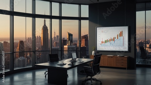 Modern office with a panoramic view of a cityscape during sunset.  The office has a large desk, a large monitor displaying a chart, and a second monitor on the desk.  photo