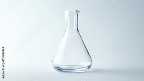 A clear glass flask on a white background, ideal for laboratory, science, and chemistry themes.