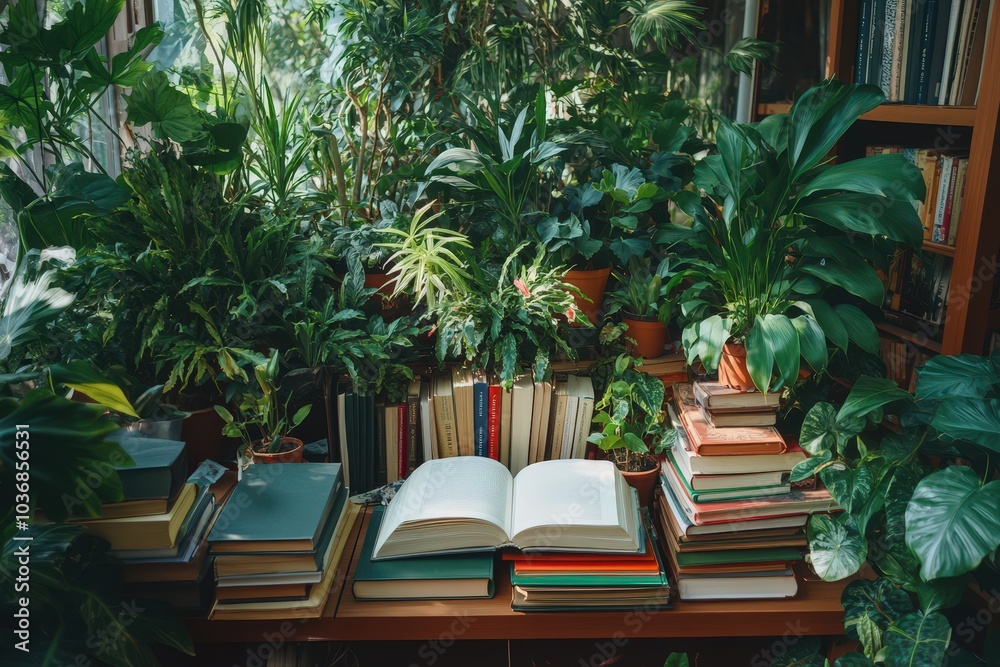 A bookshelf surrounded by lush greenery, with an open book inviting you to read. A bookshelf surrounded by lush greenery, with an open book inviting you to read.