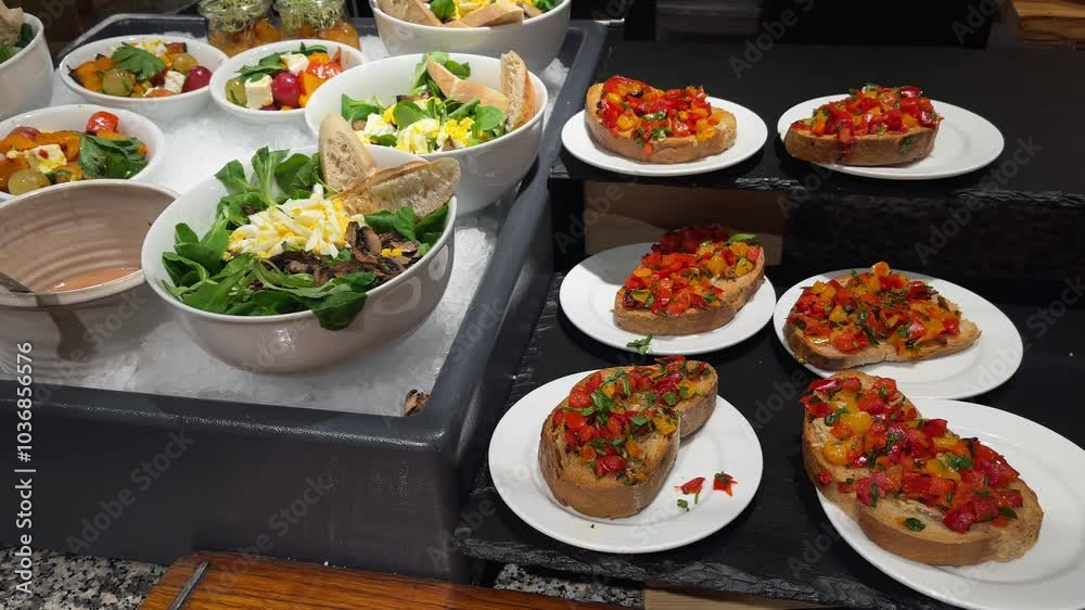 Salad bar with fresh Italian bruschetta Antipasti chopped tomatoes, pepper on roasted bread on white in restaurant Salad bar with fresh Italian bruschetta Antipasti chopped tomatoes, pepper on roasted bread on white in restaurant