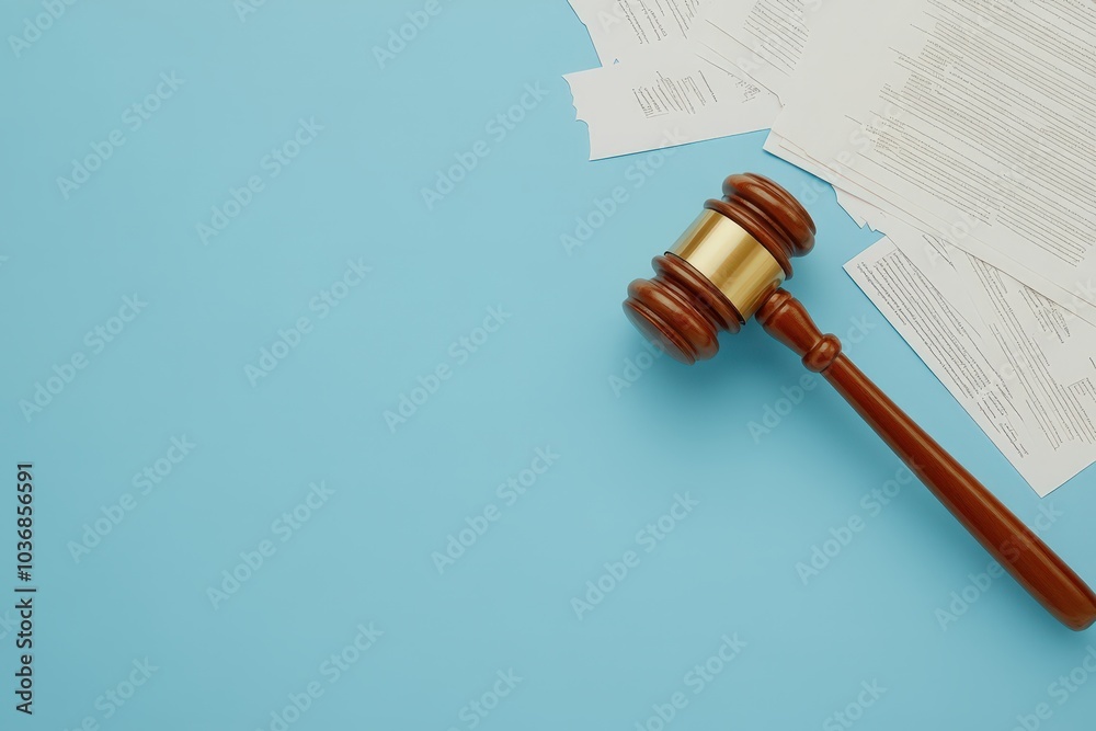 A gavel and legal documents on a blue background. A gavel and legal documents on a blue background.