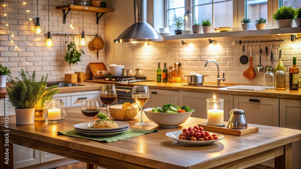 Cozy kitchen ambiance with utensils, ingredients, and half-prepared meal on countertops, hinting at a romantic dinner preparation, warm lighting and soft focus. Cozy kitchen ambiance with utensils, ingredients, and half-prepared meal on countertops, hinting at a romantic dinner preparation, warm lighting and soft focus.