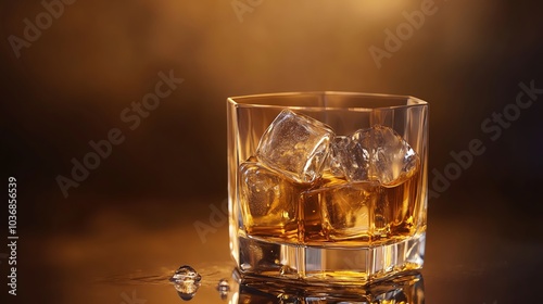 A close-up of a whiskey glass with ice cubes, set against a warm, blurred background. Perfect for beverage and bar-related themes.